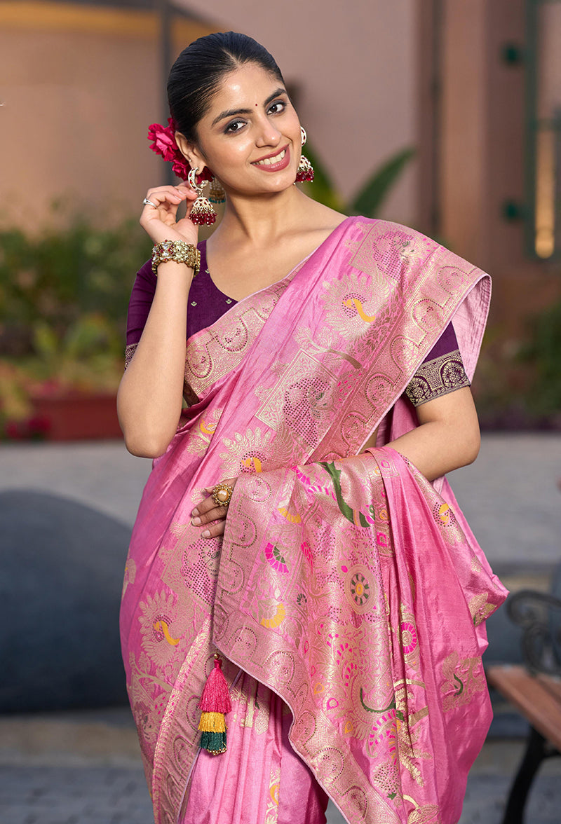 Monjolika Fashion Dola Silk Meenakari Weave Work Traditional Saree In Light Pink