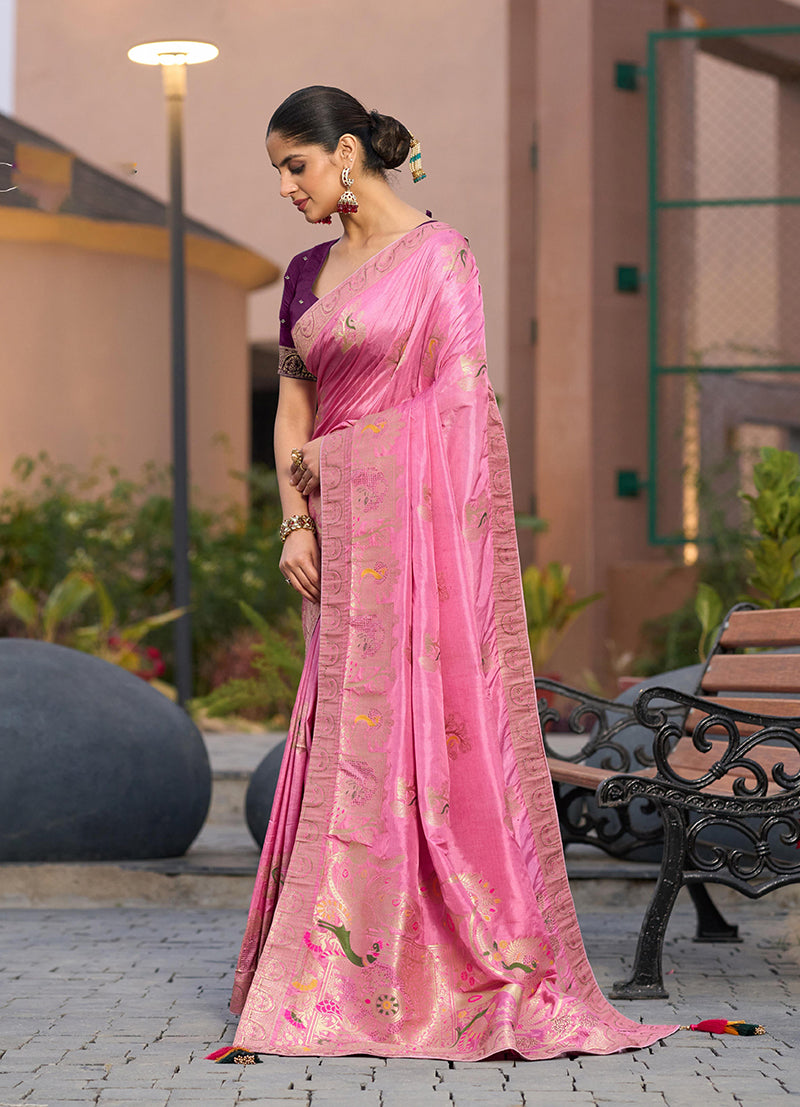 Monjolika Fashion Dola Silk Meenakari Weave Work Traditional Saree In Light Pink