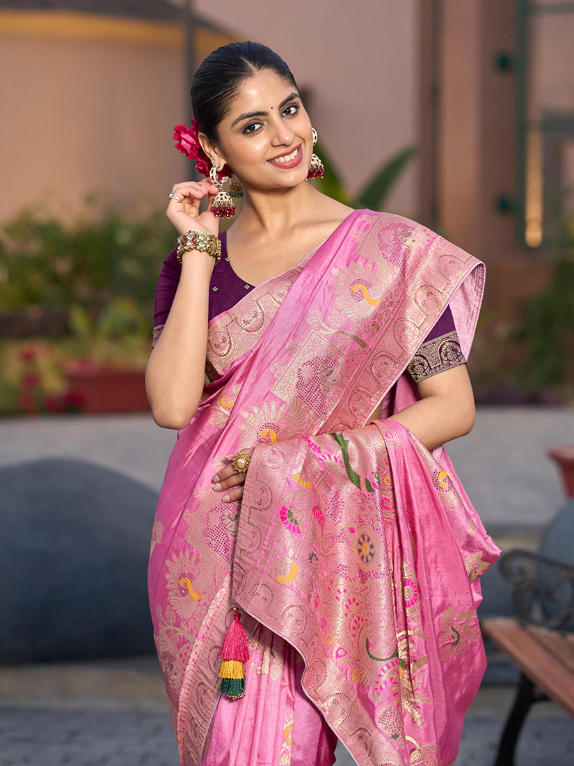 Monjolika Fashion Dola Silk Meenakari Weave Work Traditional Saree In Light Pink