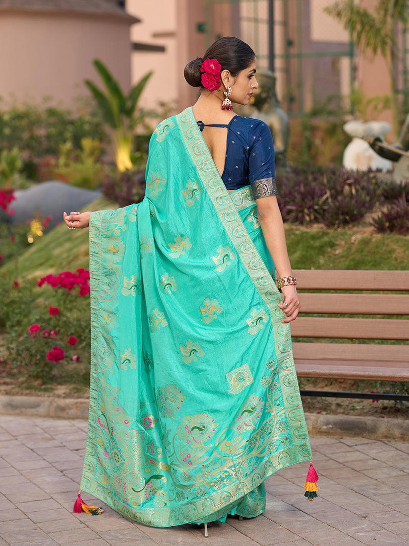 Monjolika Fashion Dola Silk Meenakari Weave Work Traditional Saree In Turquoise