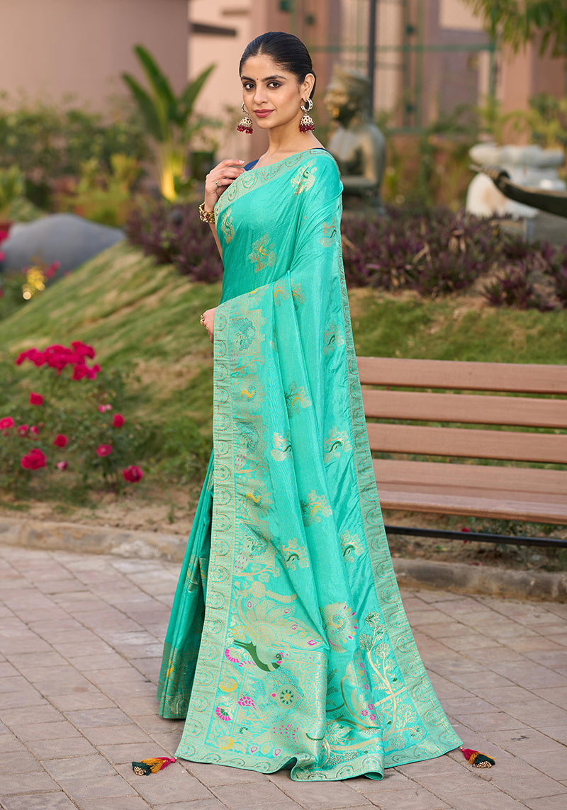 Monjolika Fashion Dola Silk Meenakari Weave Work Traditional Saree In Turquoise