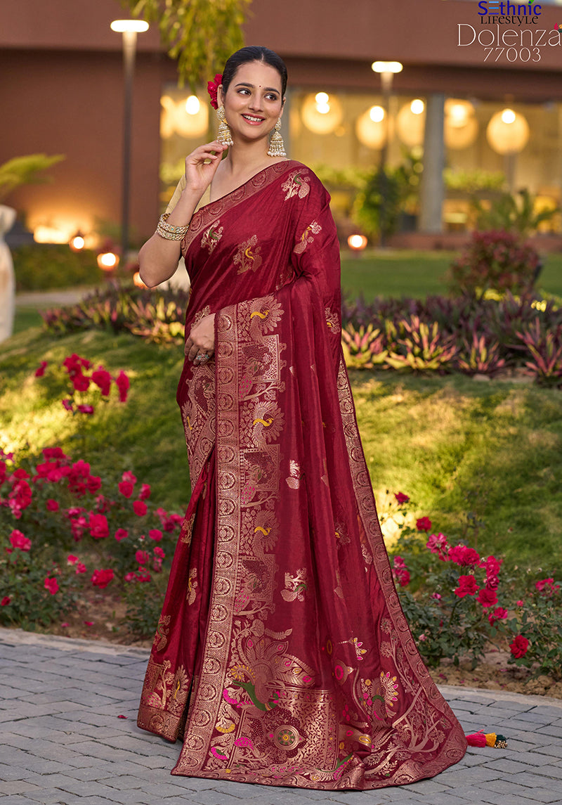 Monjolika Fashion Dola Silk Meenakari Weave Work Traditional Saree In Maroon