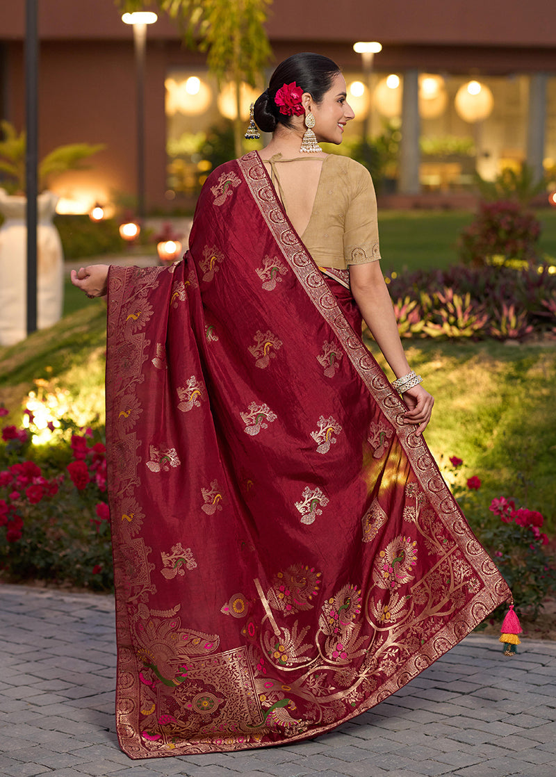 Monjolika Fashion Dola Silk Meenakari Weave Work Traditional Saree In Maroon
