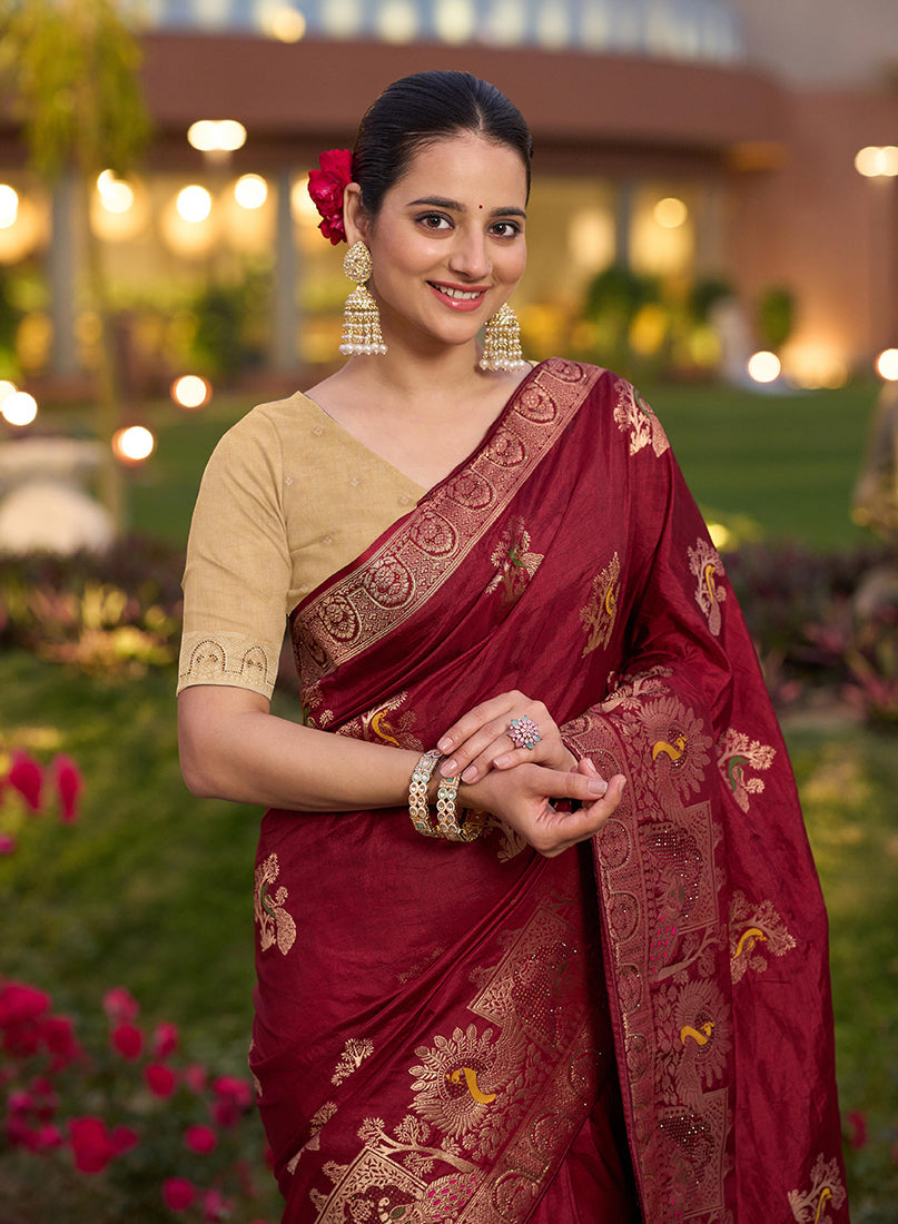 Monjolika Fashion Dola Silk Meenakari Weave Work Traditional Saree In Maroon