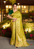 Monjolika Fashion Dola Silk Meenakari Weave Work Traditional Saree In Parrot Green