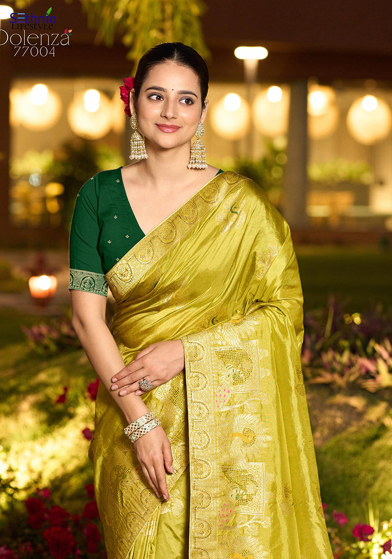 Monjolika Fashion Dola Silk Meenakari Weave Work Traditional Saree In Parrot Green