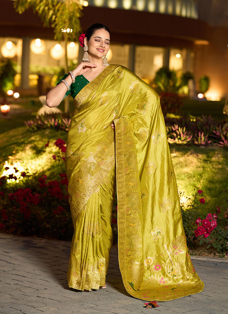 Monjolika Fashion Dola Silk Meenakari Weave Work Traditional Saree In Parrot Green