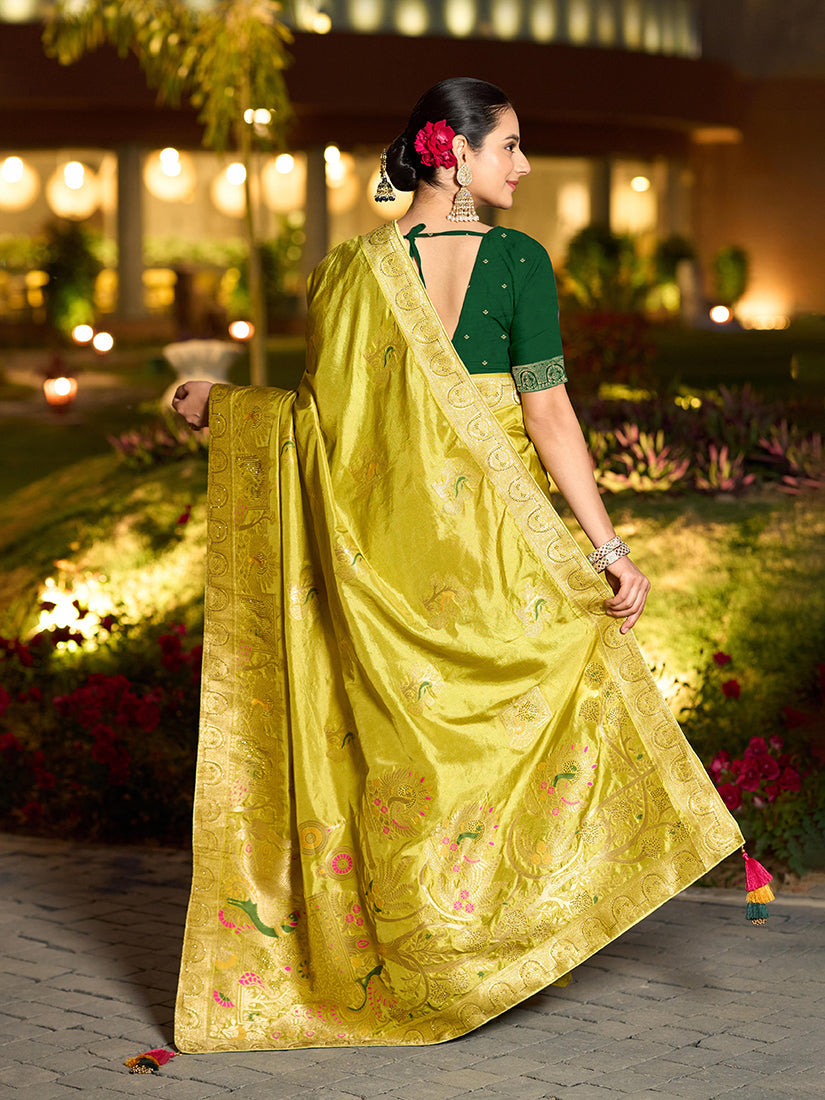 Monjolika Fashion Dola Silk Meenakari Weave Work Traditional Saree In Parrot Green