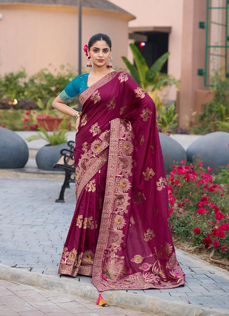 Monjolika Fashion Dola Silk Meenakari Weave Work Traditional Saree In Purple