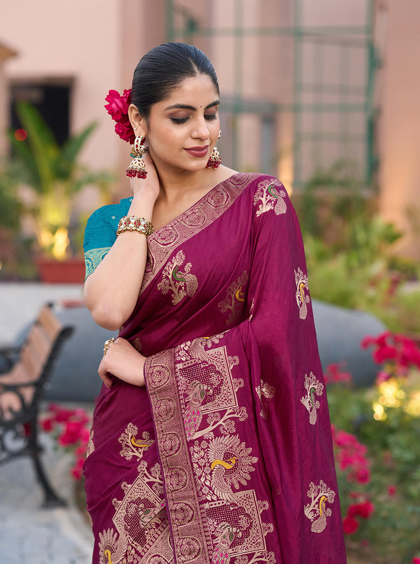 Monjolika Fashion Dola Silk Meenakari Weave Work Traditional Saree In Purple