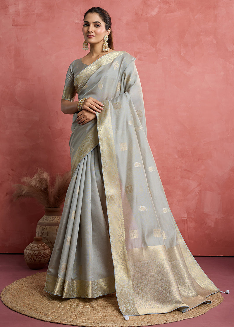 Monjolika Fashion Light Grey Soft Silk Weaving Ceremonial Classic Saree