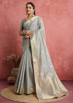 Monjolika Fashion Light Grey Soft Silk Weaving Ceremonial Classic Saree