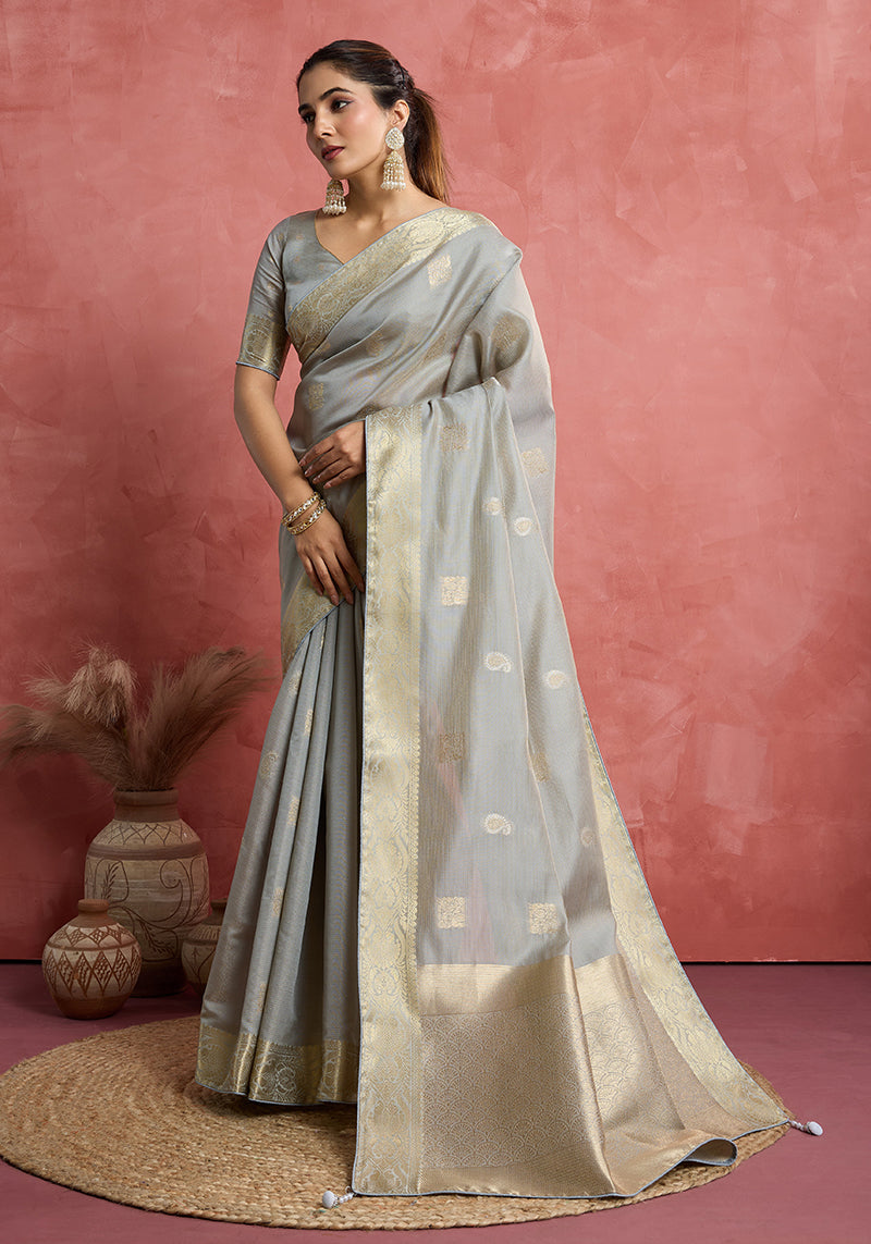 Monjolika Fashion Light Grey Soft Silk Weaving Ceremonial Classic Saree