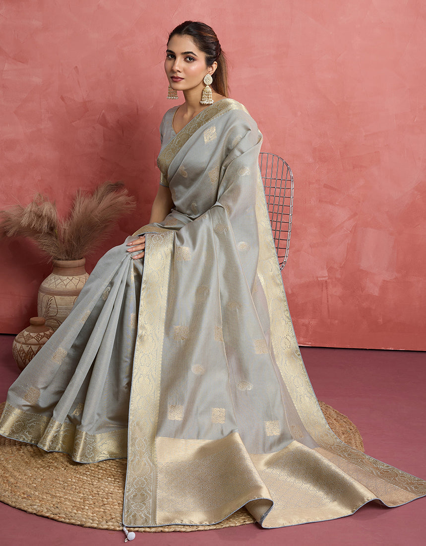 Monjolika Fashion Light Grey Soft Silk Weaving Ceremonial Classic Saree