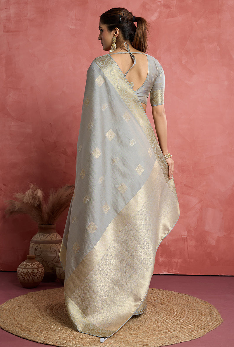 Monjolika Fashion Light Grey Soft Silk Weaving Ceremonial Classic Saree