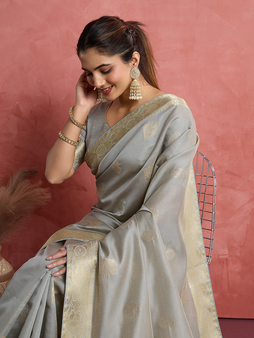 Monjolika Fashion Light Grey Soft Silk Weaving Ceremonial Classic Saree