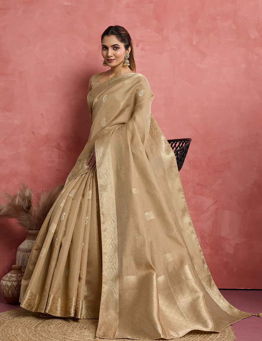 Monjolika Fashion Beige Soft Silk Weaving Ceremonial Classic Saree