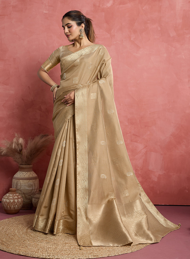 Monjolika Fashion Beige Soft Silk Weaving Ceremonial Classic Saree