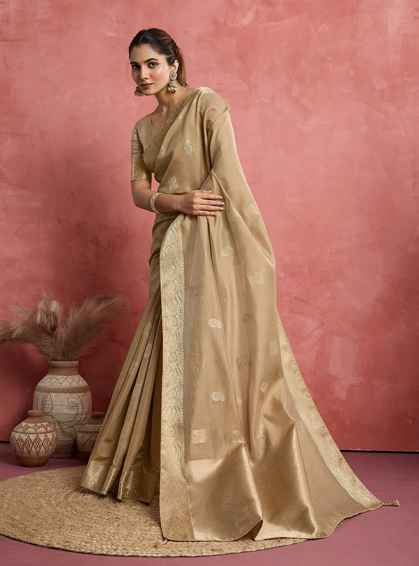 Monjolika Fashion Beige Soft Silk Weaving Ceremonial Classic Saree