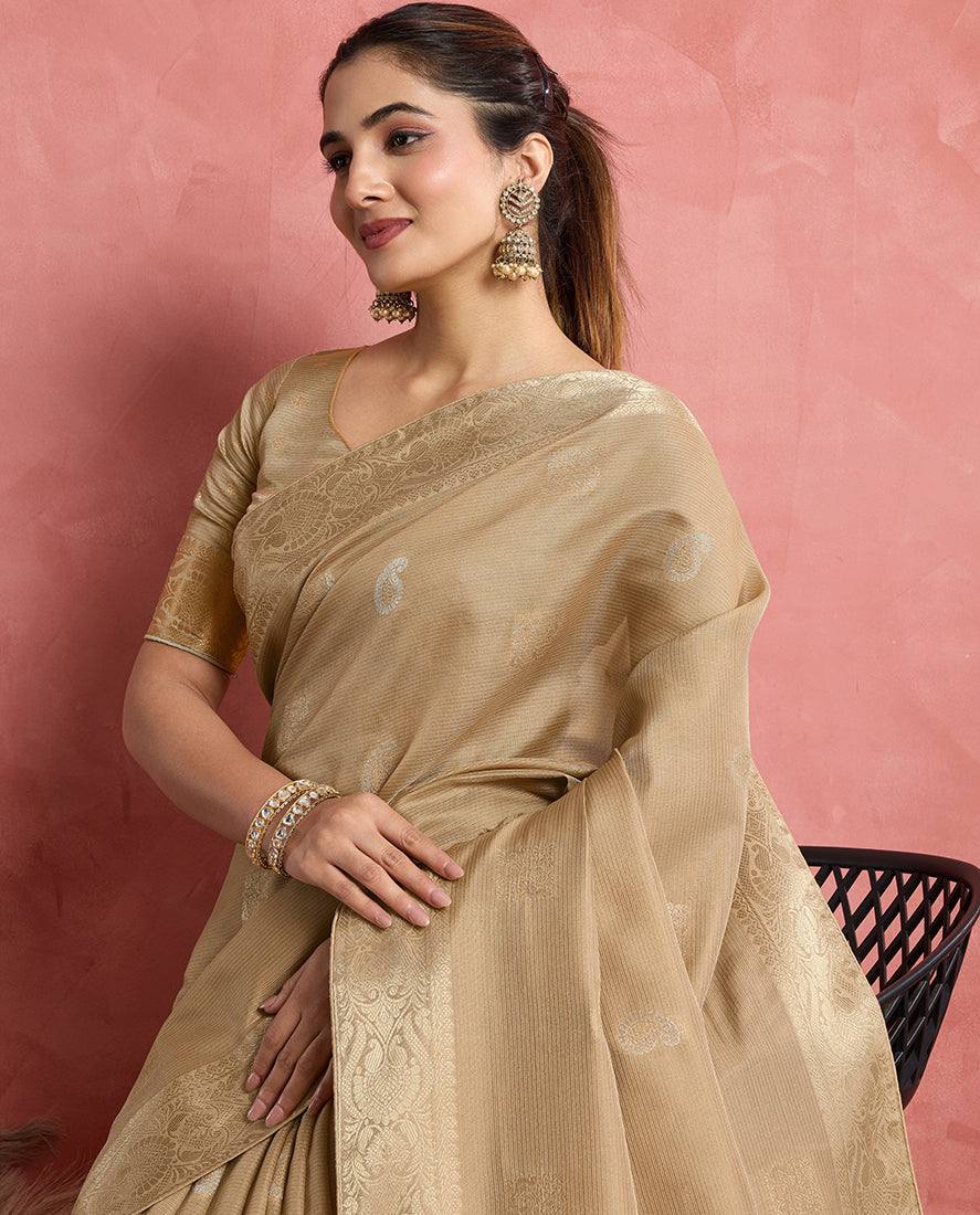 Monjolika Fashion Beige Soft Silk Weaving Ceremonial Classic Saree