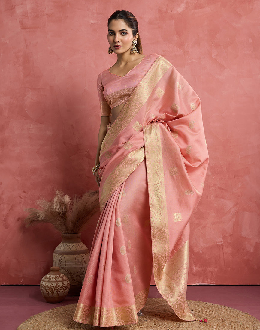 Monjolika Fashion Baby Pink Soft Silk Weaving Ceremonial Classic Saree
