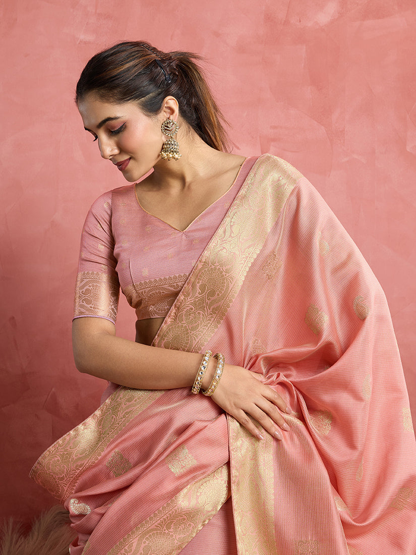Monjolika Fashion Baby Pink Soft Silk Weaving Ceremonial Classic Saree