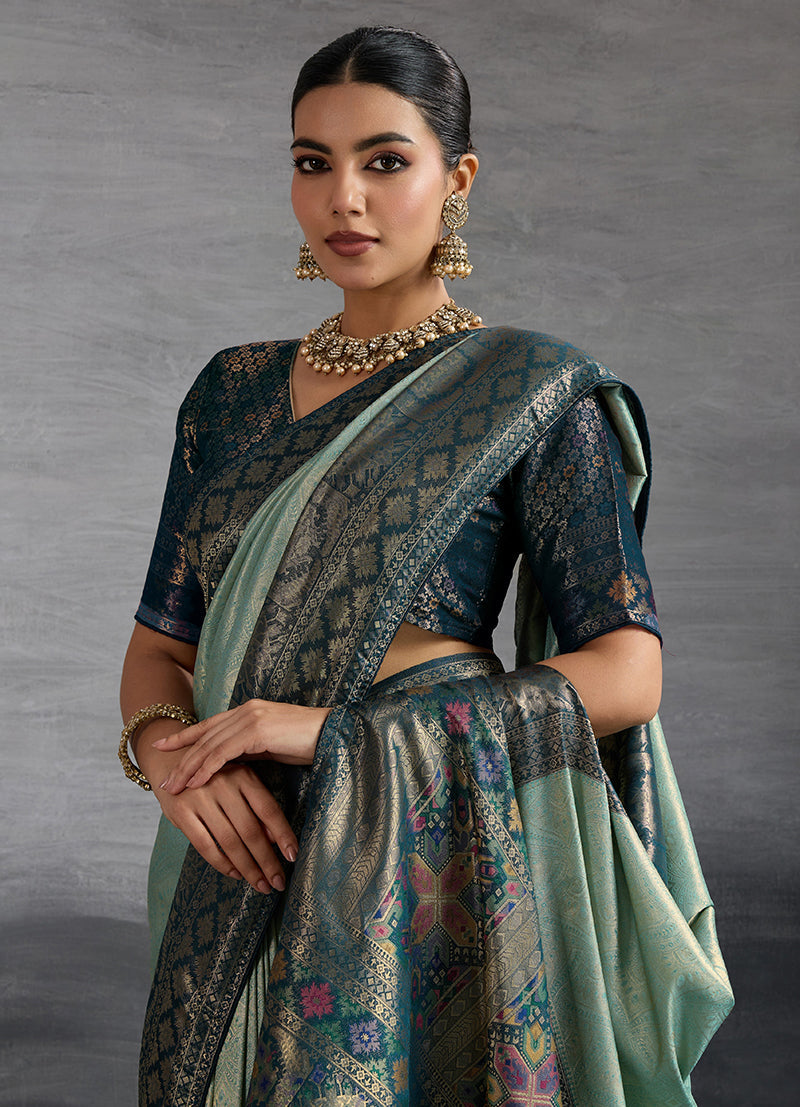 Monjolika Fashion Sky Blue Soft Kanjivaram Silk Meenakari Weaving Work Ceremonial Saree