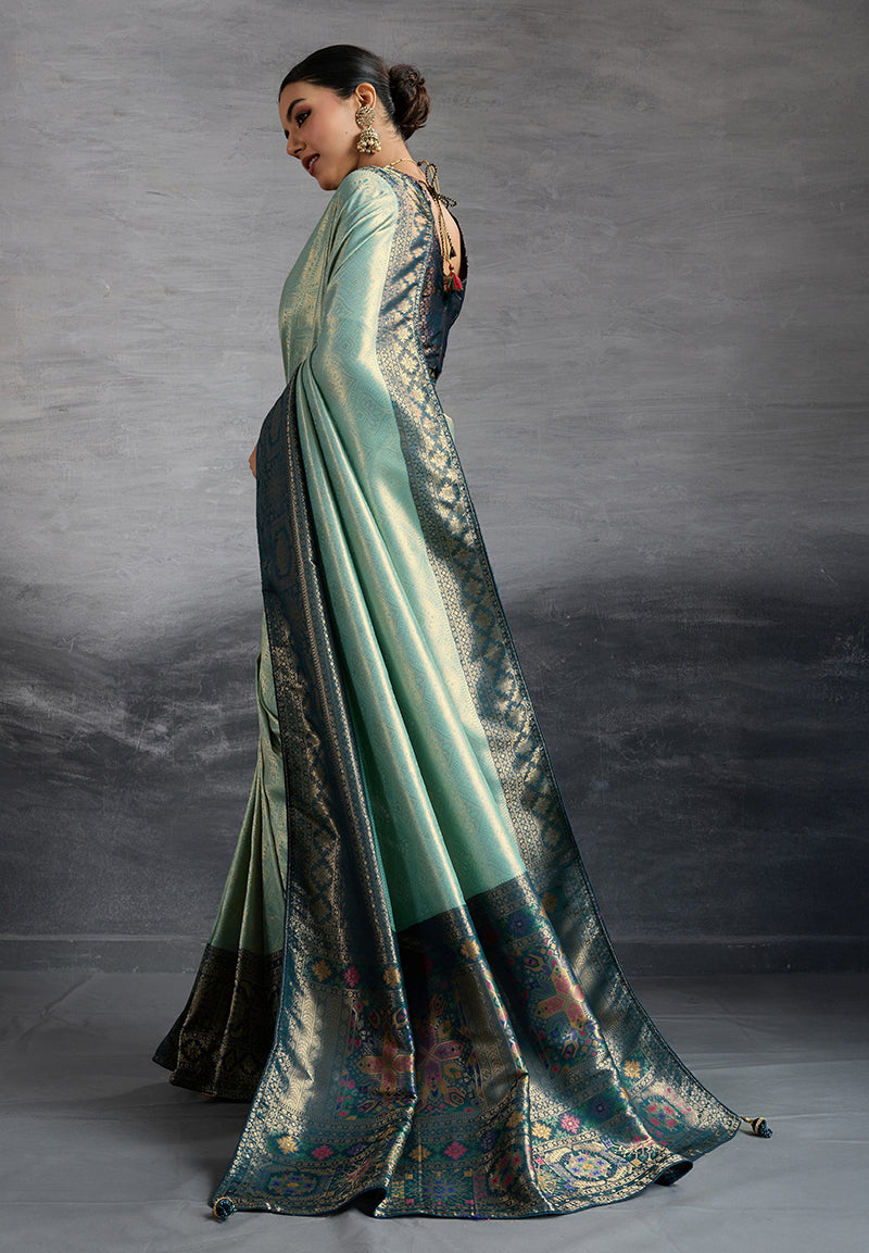 Monjolika Fashion Sky Blue Soft Kanjivaram Silk Meenakari Weaving Work Ceremonial Saree