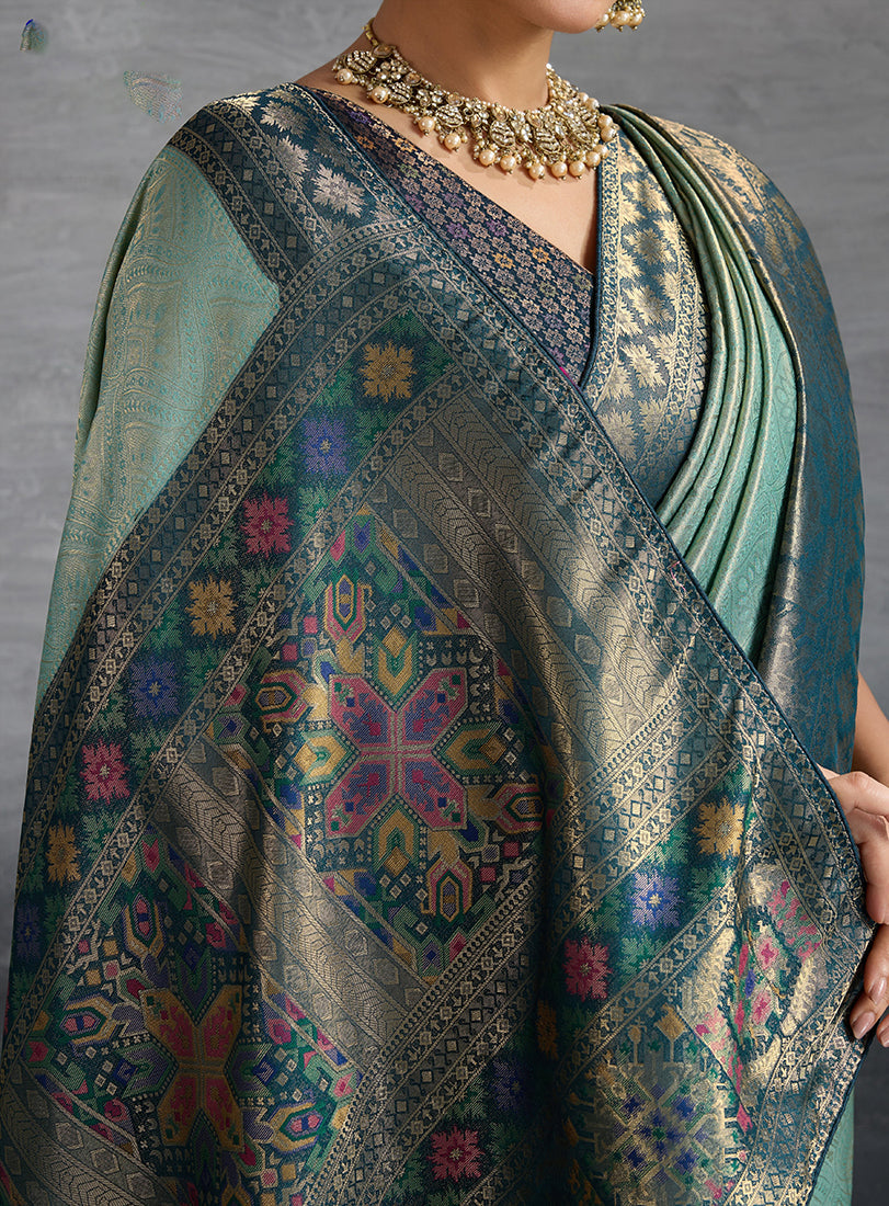 Monjolika Fashion Sky Blue Soft Kanjivaram Silk Meenakari Weaving Work Ceremonial Saree