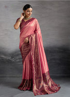Monjolika Fashion Pink Soft Kanjivaram Silk Meenakari Weaving Work Ceremonial Saree
