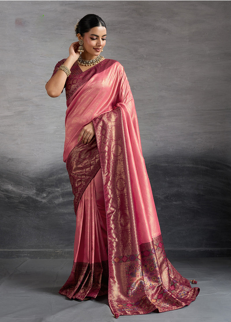 Monjolika Fashion Pink Soft Kanjivaram Silk Meenakari Weaving Work Ceremonial Saree