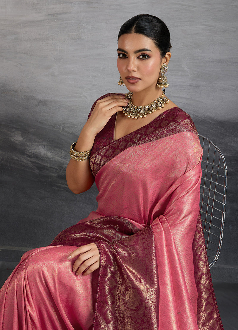 Monjolika Fashion Pink Soft Kanjivaram Silk Meenakari Weaving Work Ceremonial Saree