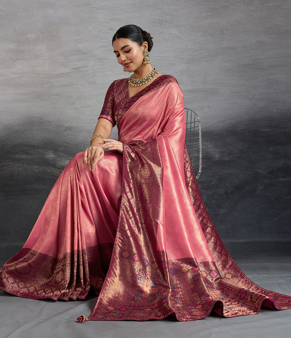 Monjolika Fashion Pink Soft Kanjivaram Silk Meenakari Weaving Work Ceremonial Saree