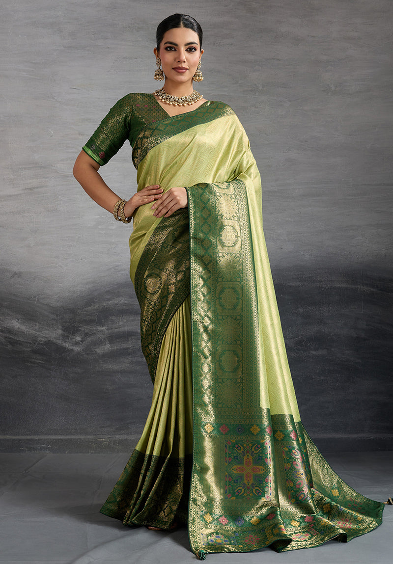 Monjolika Fashion Parrot Green Soft Kanjivaram Silk Meenakari Weaving Work Ceremonial Saree