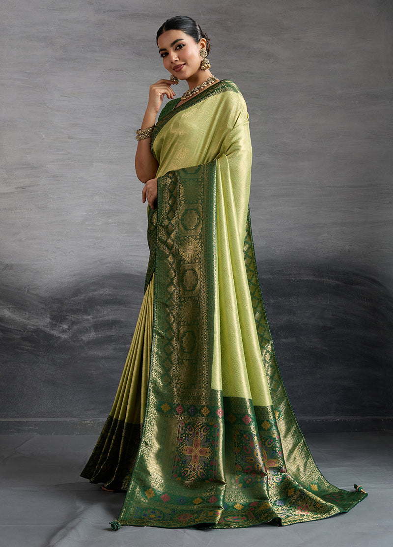Monjolika Fashion Parrot Green Soft Kanjivaram Silk Meenakari Weaving Work Ceremonial Saree