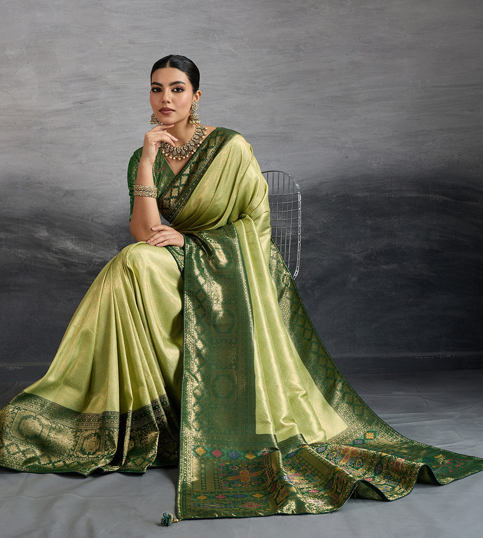 Monjolika Fashion Parrot Green Soft Kanjivaram Silk Meenakari Weaving Work Ceremonial Saree