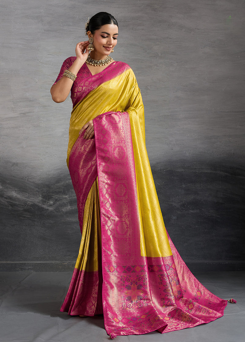 Monjolika Fashion Yellow Soft Kanjivaram Silk Meenakari Weaving Work Ceremonial Saree