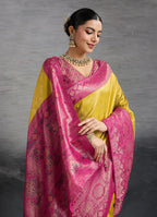 Monjolika Fashion Yellow Soft Kanjivaram Silk Meenakari Weaving Work Ceremonial Saree