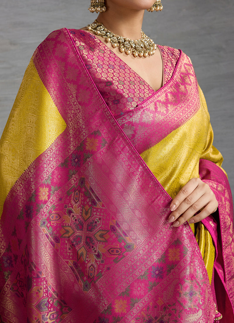 Monjolika Fashion Yellow Soft Kanjivaram Silk Meenakari Weaving Work Ceremonial Saree