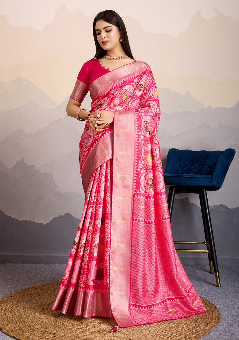 Monjolika Fashion Rani Pink Zari Border Work Dola Satin Digital Printed Trendy Saree