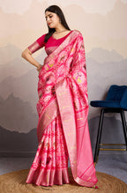 Monjolika Fashion Rani Pink Zari Border Work Dola Satin Digital Printed Trendy Saree