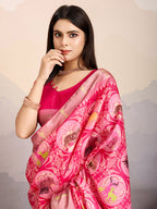 Monjolika Fashion Rani Pink Zari Border Work Dola Satin Digital Printed Trendy Saree