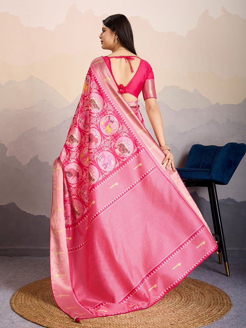 Monjolika Fashion Rani Pink Zari Border Work Dola Satin Digital Printed Trendy Saree