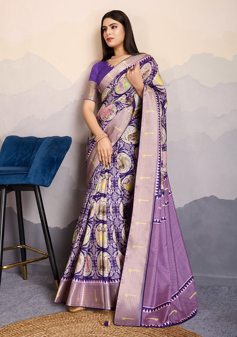 Monjolika Fashion Purple Zari Border Work Dola Satin Digital Printed Trendy Saree