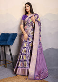 Monjolika Fashion Purple Zari Border Work Dola Satin Digital Printed Trendy Saree