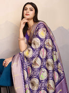 Monjolika Fashion Purple Zari Border Work Dola Satin Digital Printed Trendy Saree