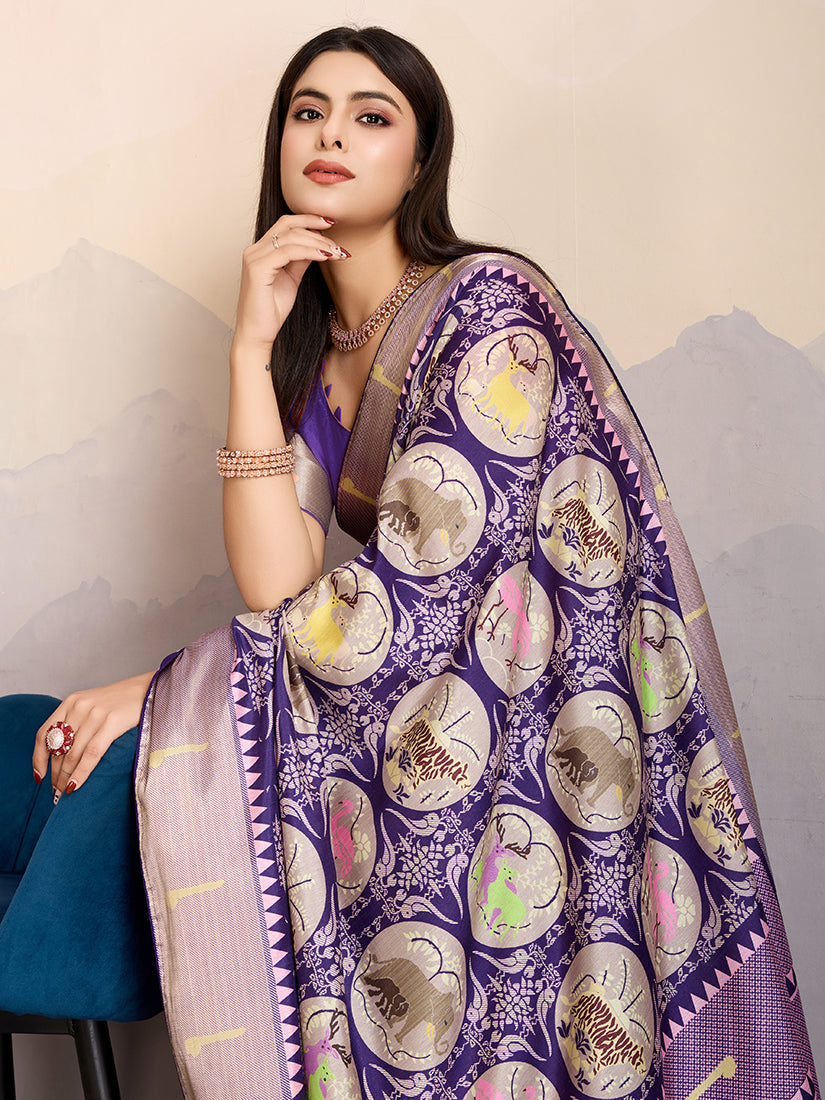 Monjolika Fashion Purple Zari Border Work Dola Satin Digital Printed Trendy Saree