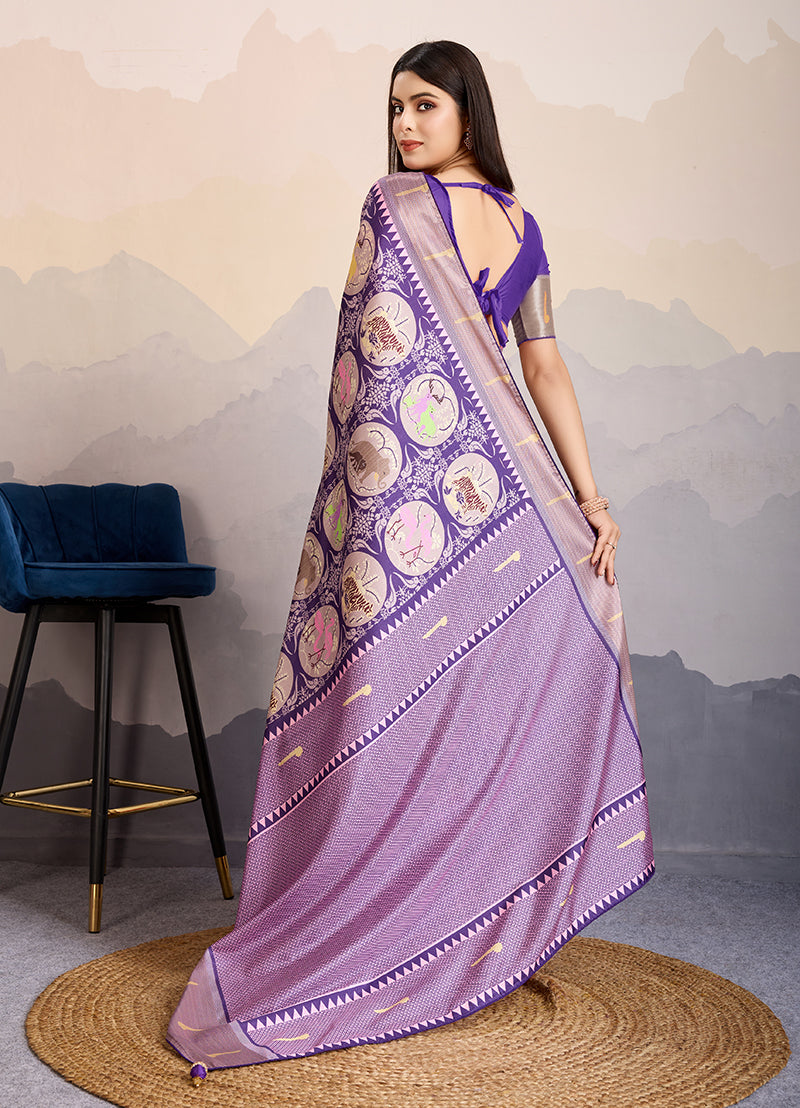 Monjolika Fashion Purple Zari Border Work Dola Satin Digital Printed Trendy Saree