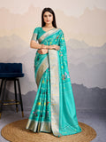 Monjolika Fashion Turquoise Zari Border Work Dola Satin Digital Printed Trendy Saree