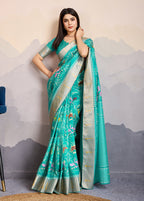 Monjolika Fashion Turquoise Zari Border Work Dola Satin Digital Printed Trendy Saree